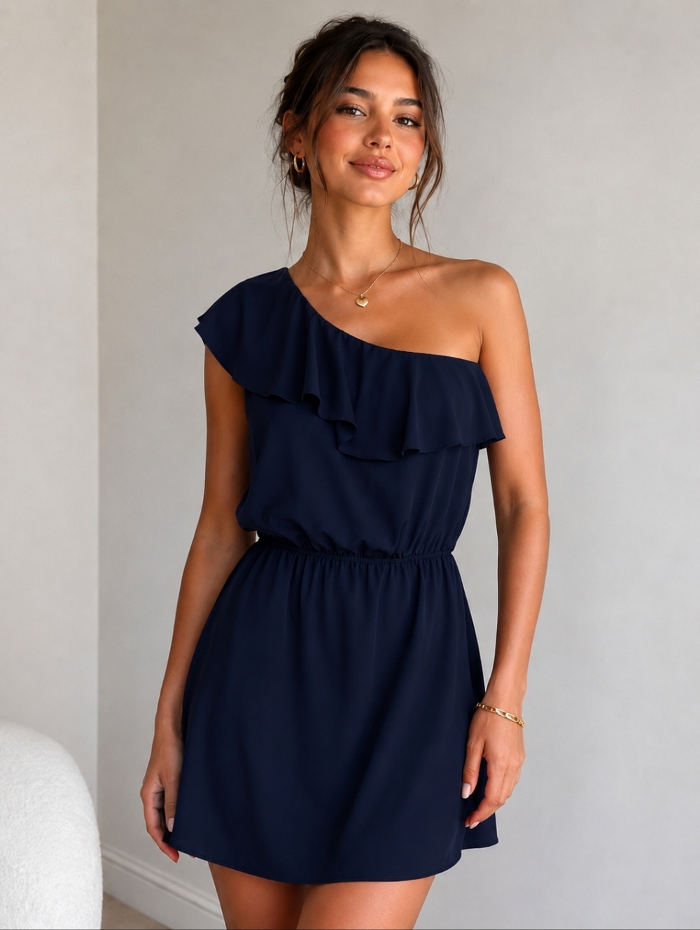 Saks Fifth Avenue One Shoulder Mini Dress Sz Small Resort Summer Deep Navy Blue